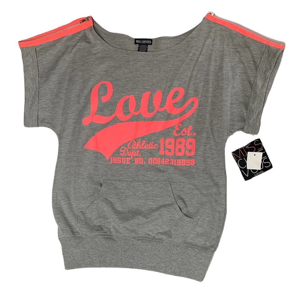 NEW Womens Miss Chievous Gray Short Sleeve Tunic Love Shirt Coral Zippers Size M